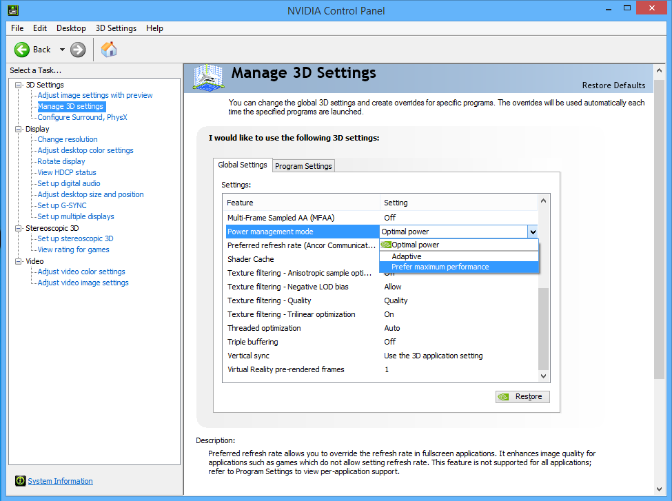 nvidia control panel only shows 3d settings laptop